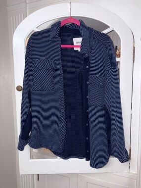aerie Navy and White Striped Button-Up Shirt